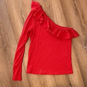 J. Crew One-Shoulder Red Ruffle Long Sleeve Top